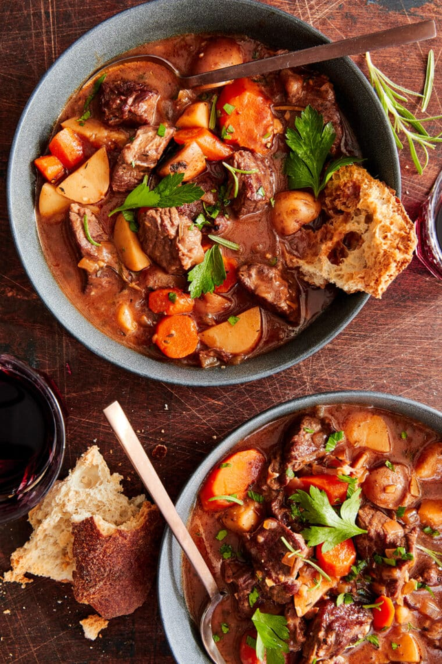 Top down shot of two bowls serving beef strew